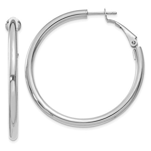 14k-white-gold-3x41mm-polished-round-omega-back-hoop-earrings-SolomonJeweler-Wichita-KS-CustomJewelry