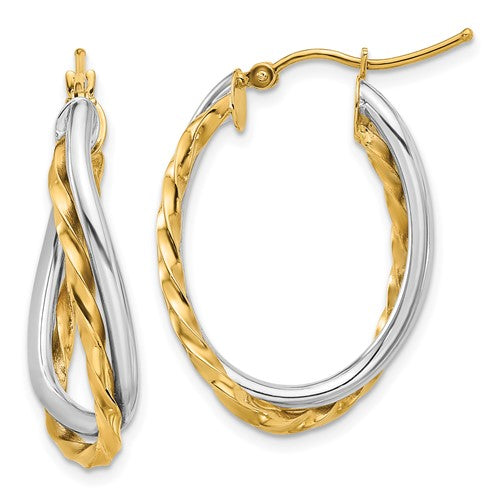 14k-two-tone-textured-and-polished-twist-oval-hoop-earrings-SolomonJeweler-Wichita-KS-CustomJewelry