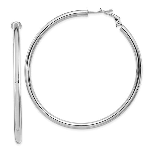 14k-white-gold-3x57mm-polished-round-omega-back-hoop-earrings-SolomonJeweler-Wichita-KS-CustomJewelry