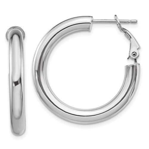 14k-white-gold-4x28mm-polished-round-omega-back-hoop-earrings-SolomonJeweler-Wichita-KS-CustomJewelry