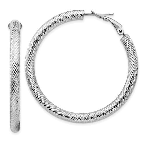 14k-4x45mm-white-gold-diamond-cut-round-omega-back-hoop-earrings-SolomonJeweler-Wichita-KS-CustomJewelry