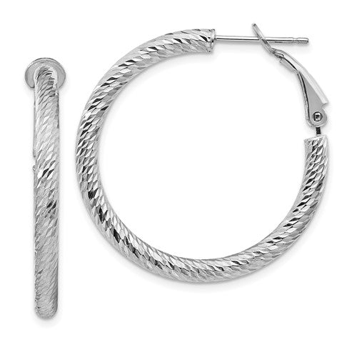 14k-3x32mm-white-gold-diamond-cut-round-omega-back-hoop-earrings-SolomonJeweler-Wichita-KS-CustomJewelry