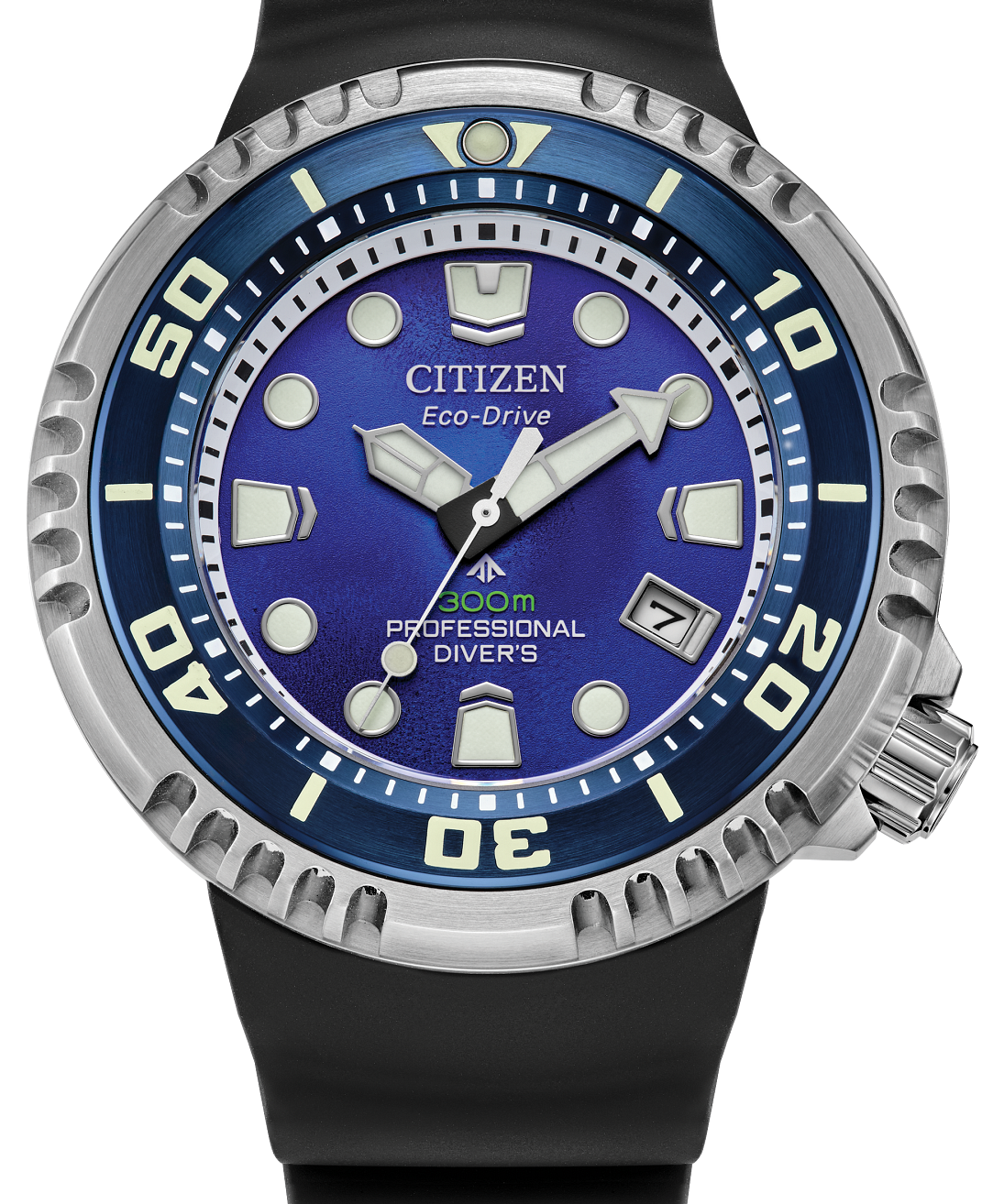 Citizen Eco-Drive Professional Divers watch with a blue dial, silver-tone bezel, and black rubber strap on a white background.
