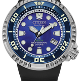 Citizen Eco-Drive Professional Divers watch with a blue dial, silver-tone bezel, and black rubber strap on a white background.