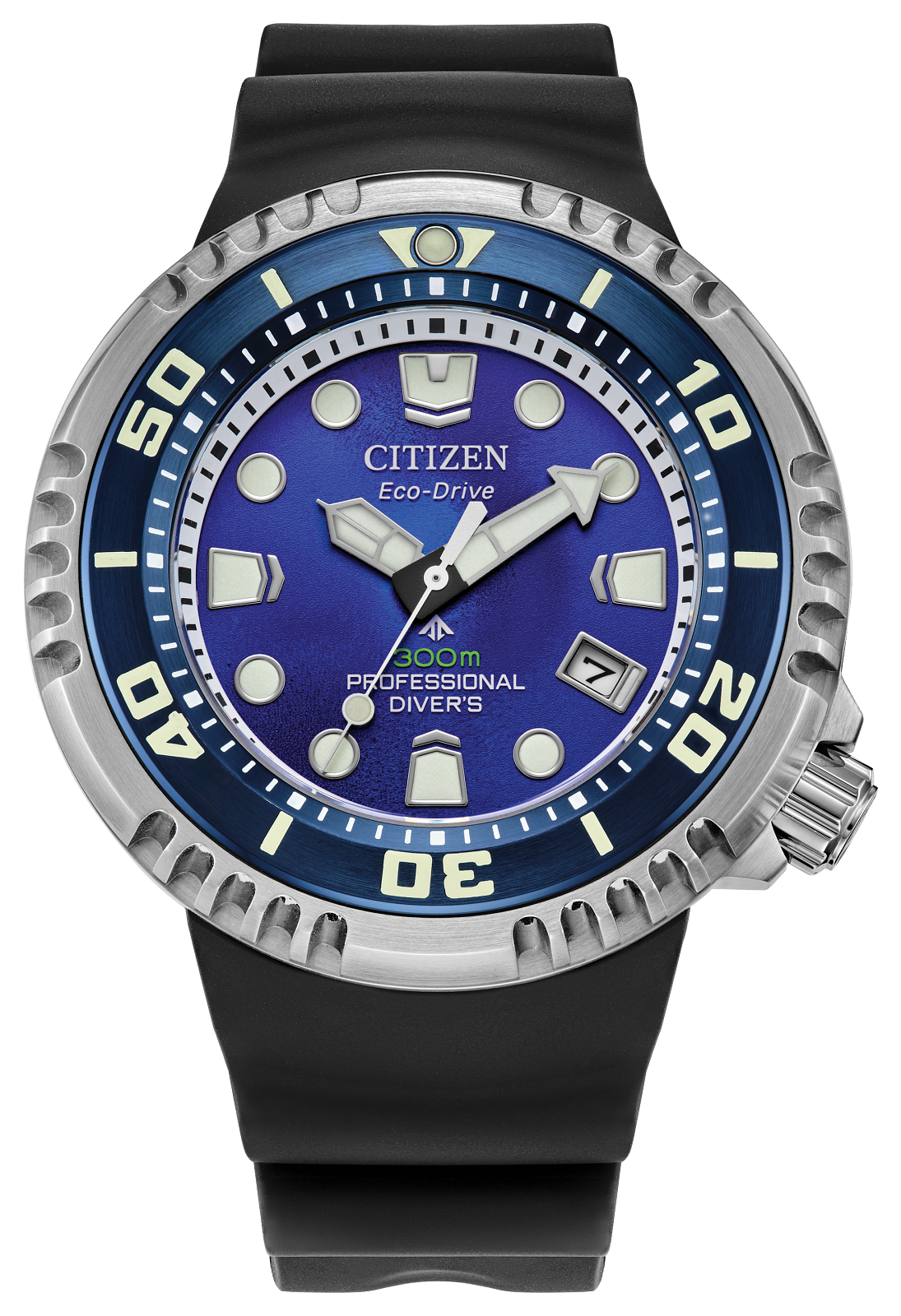 Citizen Eco-Drive Professional Divers watch with a blue dial, silver-tone bezel, and black rubber strap on a white background.