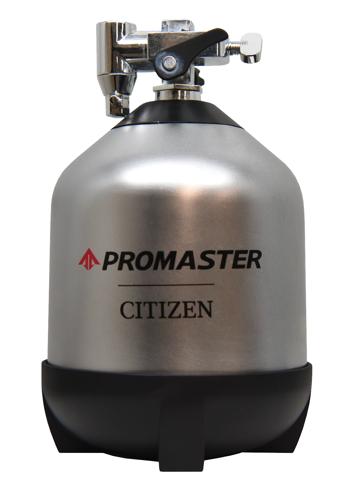 A silver and black Promaster Citizen personal fire alarm canister with a chrome nozzle assembly on top, shown against a plain white background.