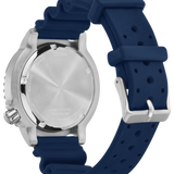 Citizen watch shown from the back, featuring a brushed silver stainless steel case and a dark navy blue silicone strap with a silver buckle.