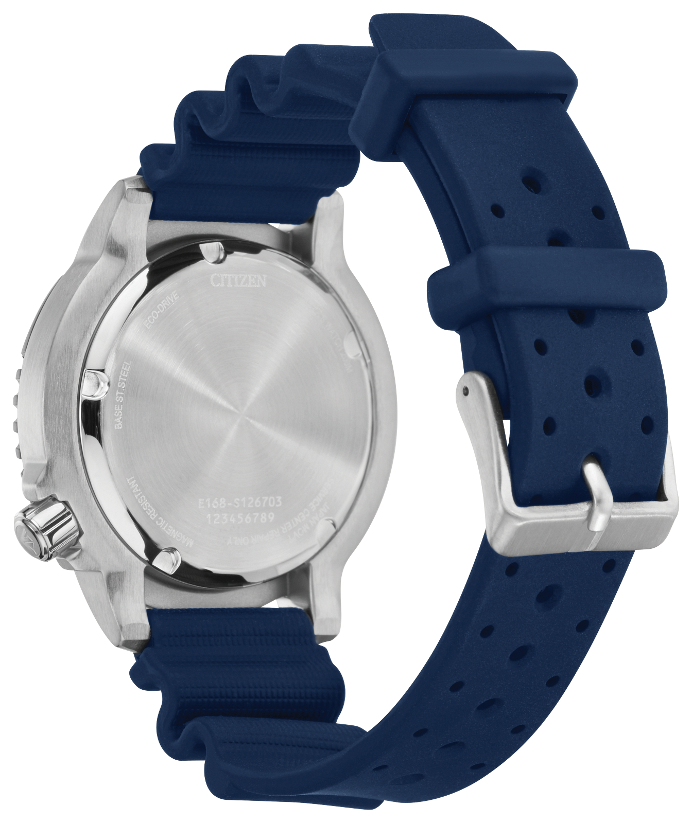 Citizen watch shown from the back, featuring a brushed silver stainless steel case and a dark navy blue silicone strap with a silver buckle.