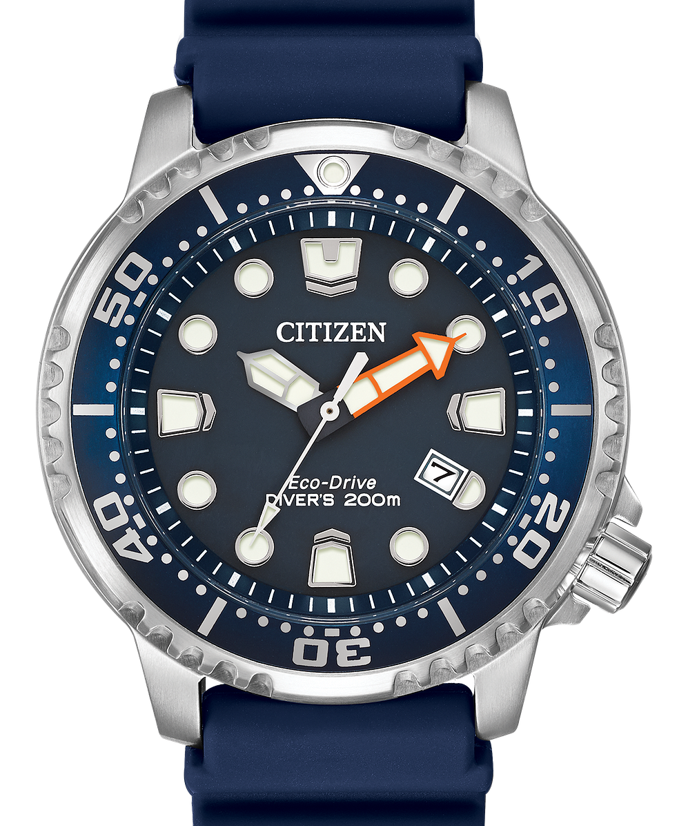 Citizen Eco-Drive Diver's 200m watch with a dark blue dial, blue silicone strap, and a silver stainless steel case with a blue bezel.