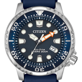 Citizen Eco-Drive Diver's 200m watch with a dark blue dial, blue silicone strap, and a silver stainless steel case with a blue bezel.