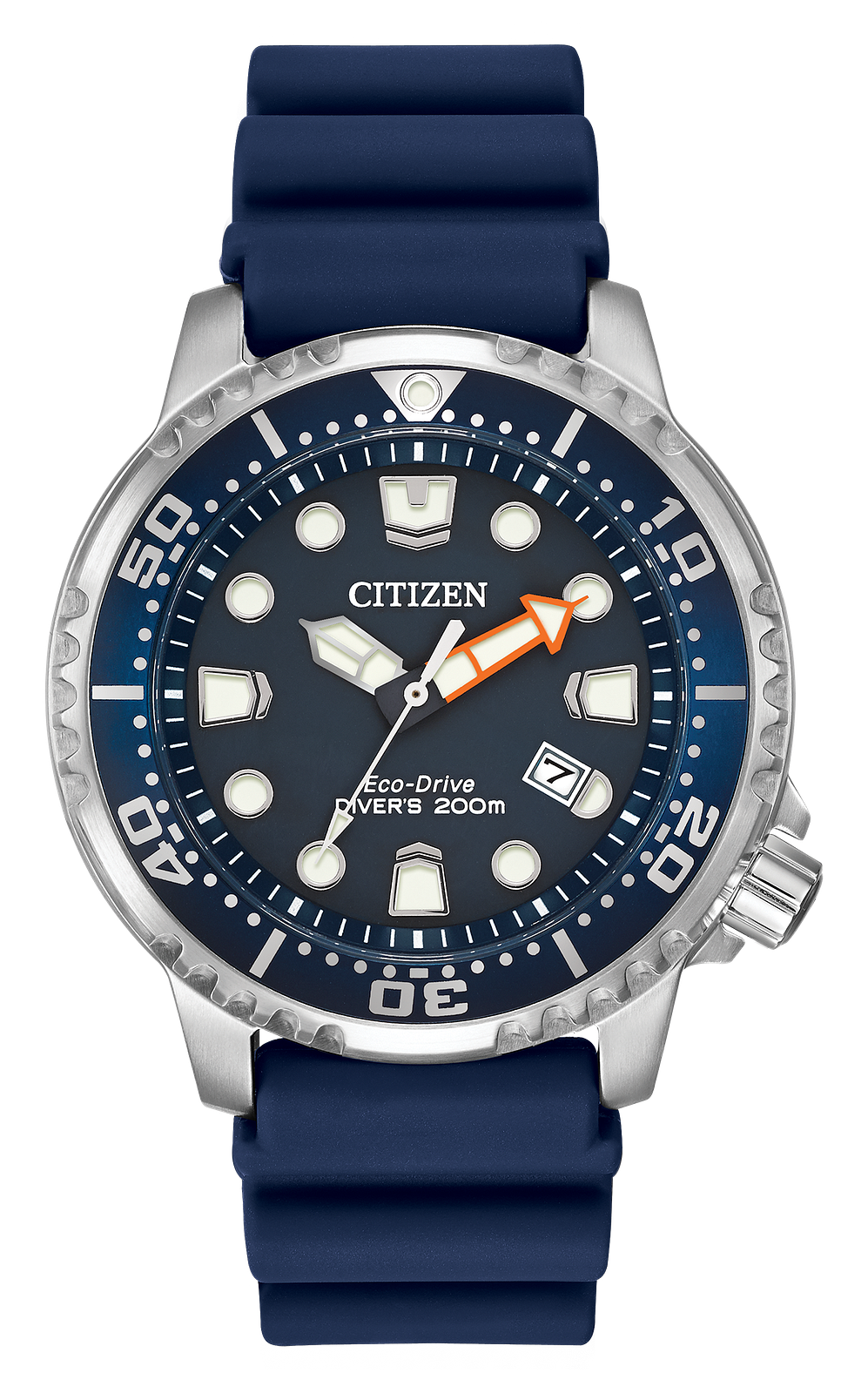 Citizen Eco-Drive Diver's 200m watch with a dark blue dial, blue silicone strap, and a silver stainless steel case with a blue bezel.
