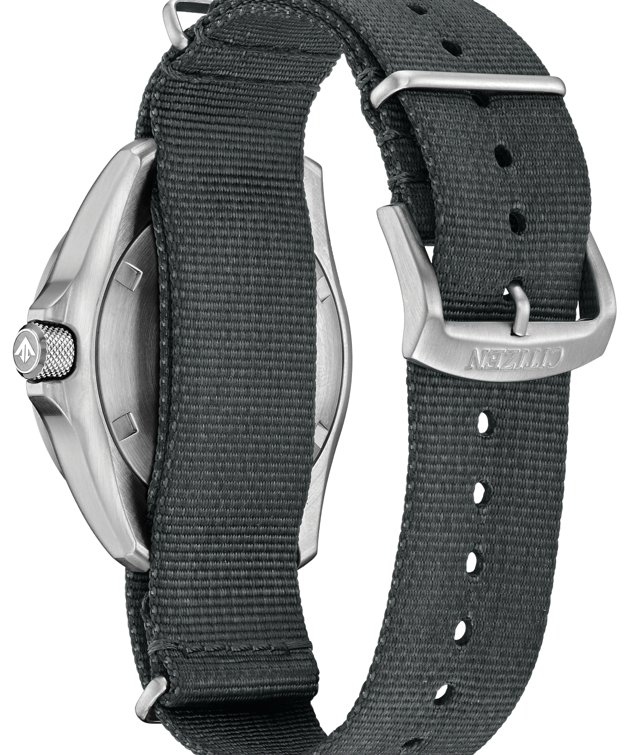 A close-up of a watch with a dark gray nylon NATO strap and a silver-tone metal case, showing the side crown and buckle with the brand name 'CITIZEN' engraved on the buckle.