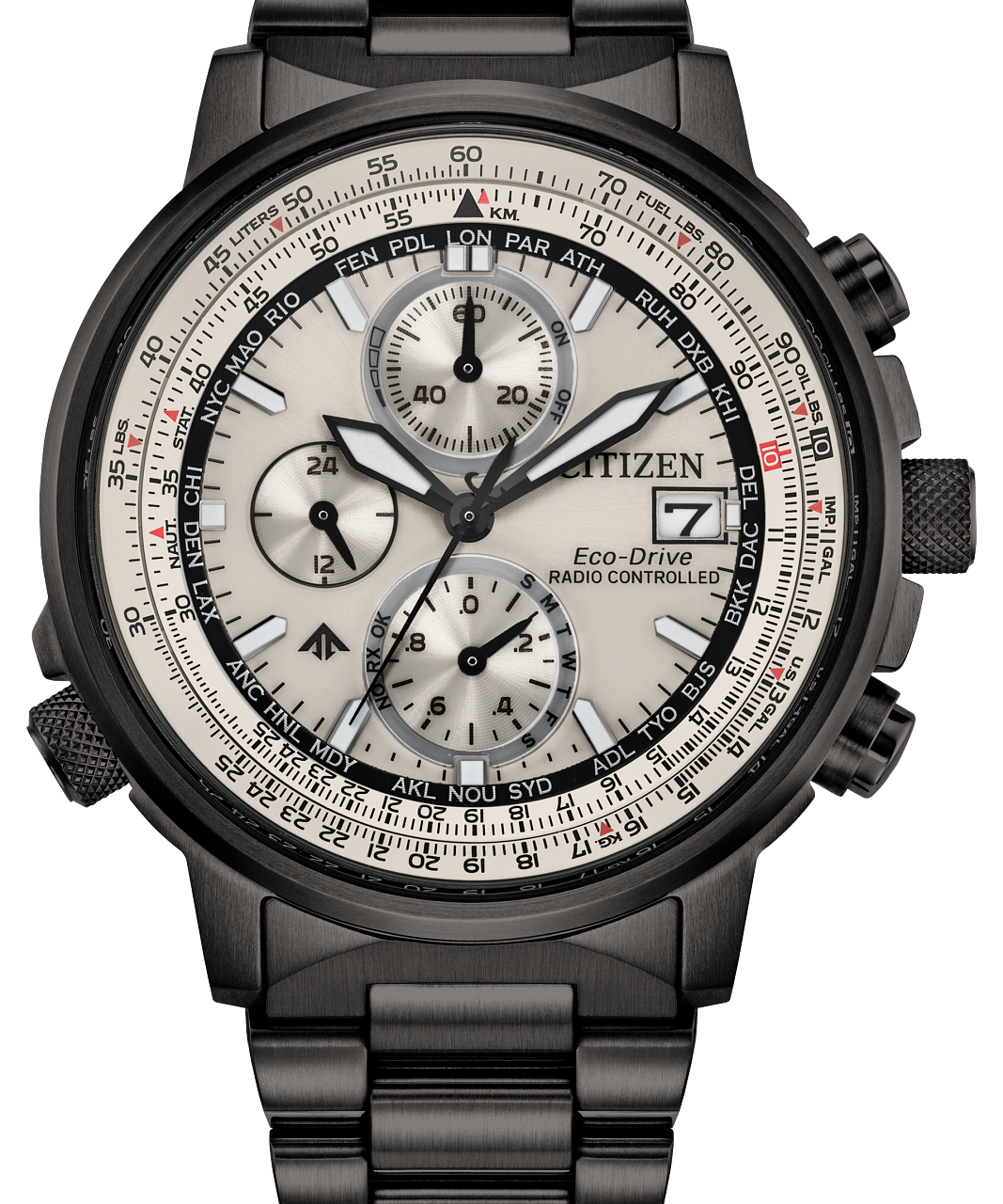 Citizen Eco-Drive Radioclock watch with a black metal case and link bracelet, featuring a silver dial with black subdials and a tachymeter bezel.
