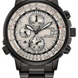Citizen Eco-Drive Radioclock watch with a black metal case and link bracelet, featuring a silver dial with black subdials and a tachymeter bezel.