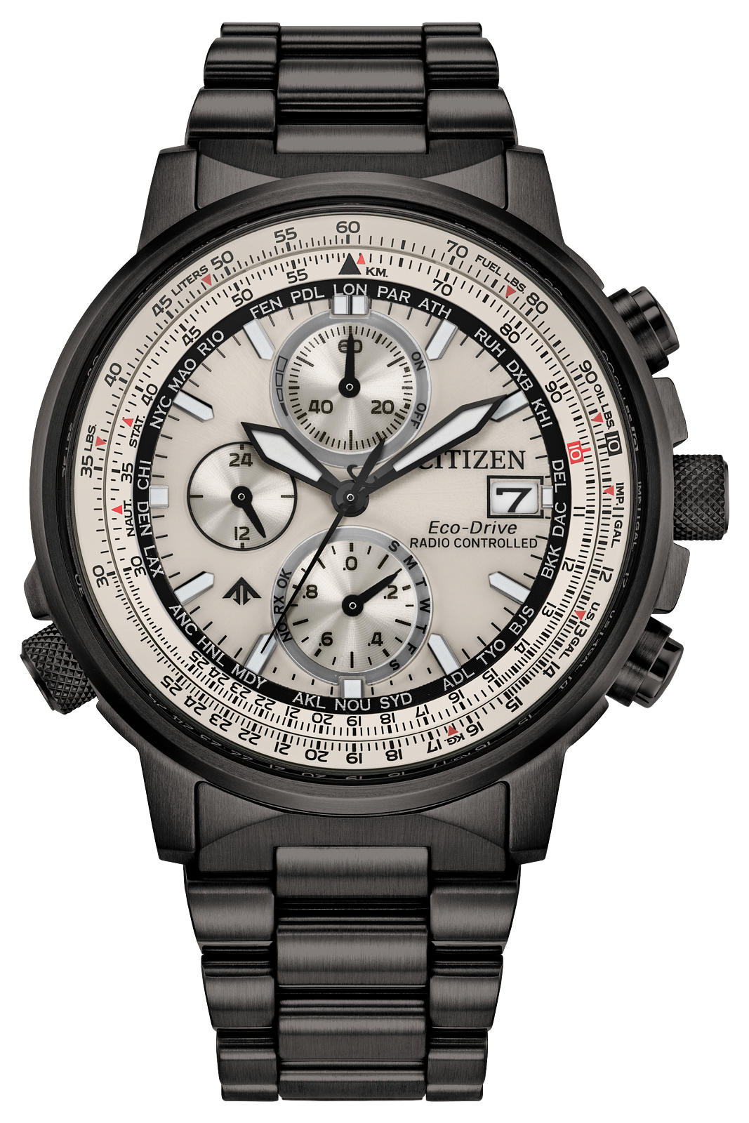 Citizen Eco-Drive Radioclock watch with a black metal case and link bracelet, featuring a silver dial with black subdials and a tachymeter bezel.