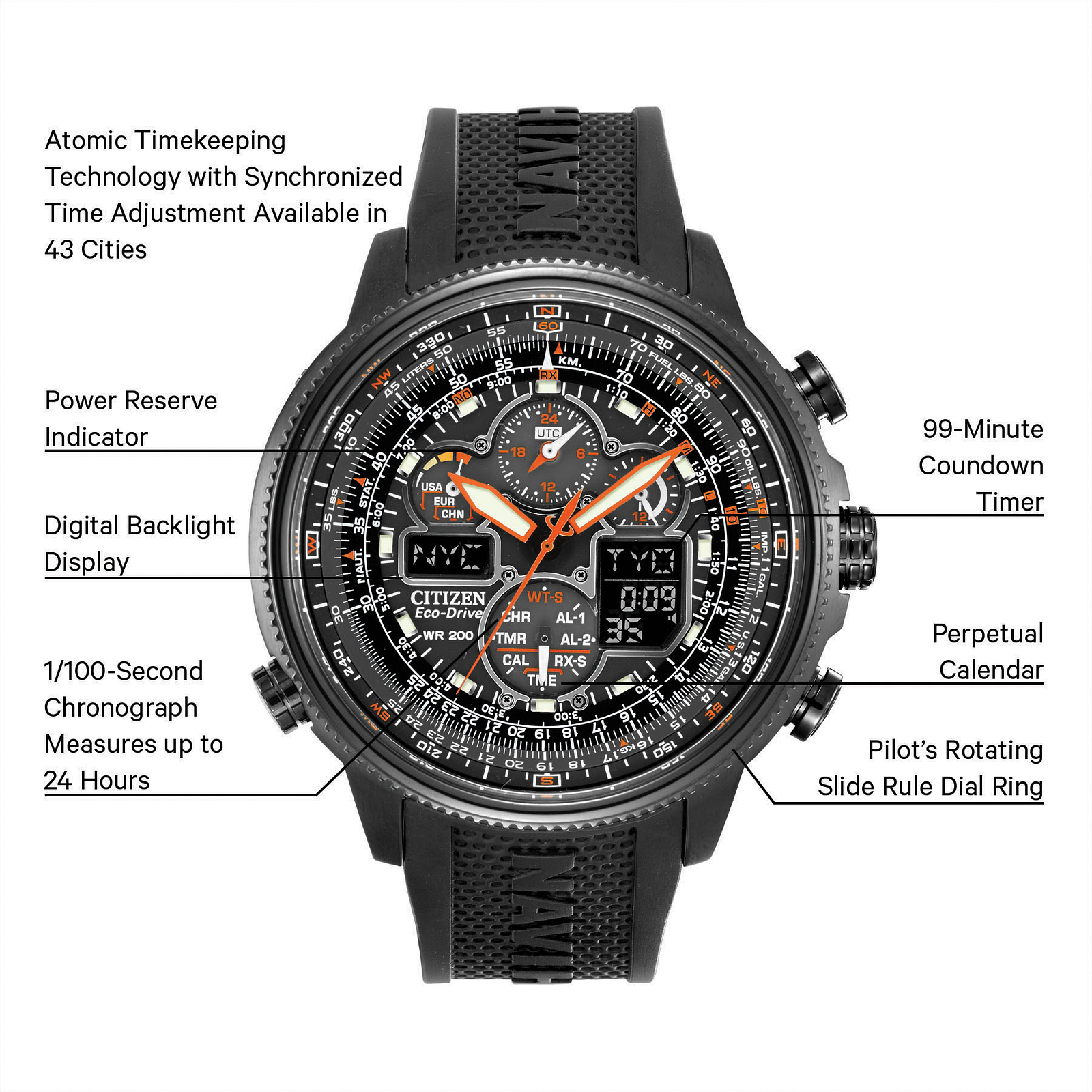 Black analog-digital wristwatch with a textured black strap, featuring a detailed black dial with orange hands and white text, surrounded by callout labels describing features like atomic timekeeping, power reserve indicator, digital backlight display, 90-minute countdown timer, perpetual calendar, and pilot's rotating slide rule dial ring.
