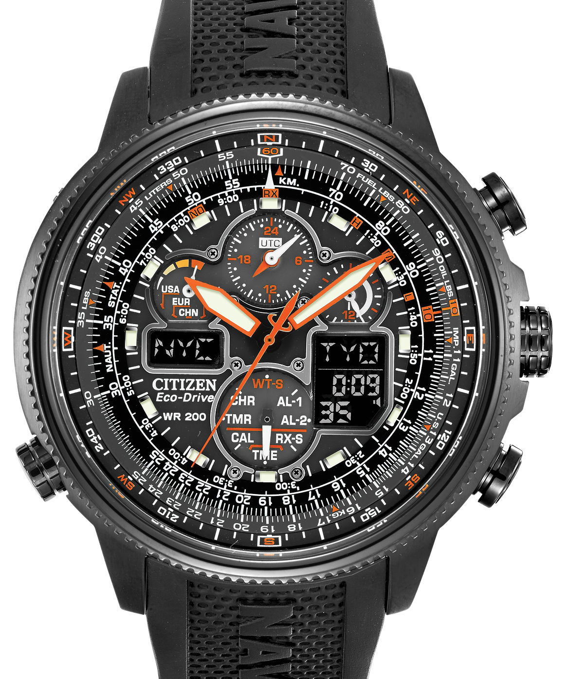 Citizen Eco-Drive Multidial watch with a black case, textured black strap, and a highly detailed black dial featuring orange accents, white text, and digital sub-displays.