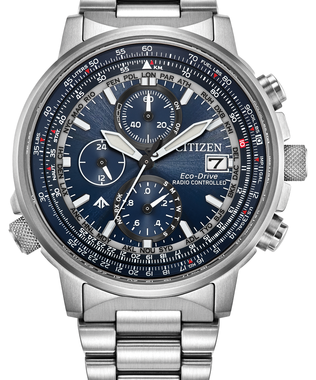 Citizen Eco-Drive Radio Control Chronograph watch with a stainless steel link bracelet, featuring a blue dial, silver-toned bezel, and white, black, and red details.