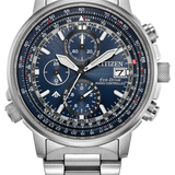 Citizen Eco-Drive Radio Control Chronograph watch with a stainless steel link bracelet, featuring a blue dial, silver-toned bezel, and white, black, and red details.