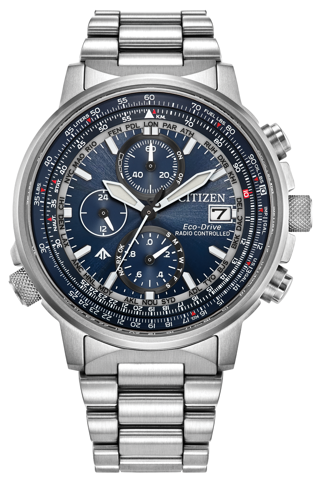 Citizen Eco-Drive Radio Control Chronograph watch with a stainless steel link bracelet, featuring a blue dial, silver-toned bezel, and white, black, and red details.