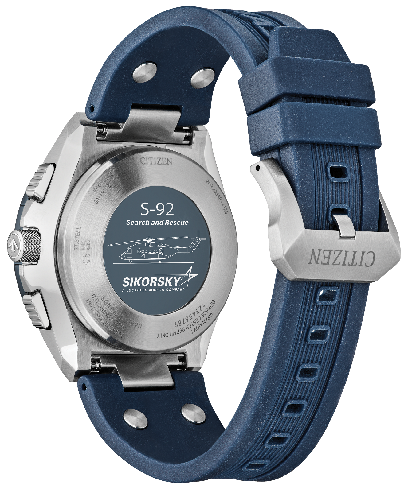 Citizen S-92 Search and Rescue watch shown from the back, featuring a silver stainless steel case with a blue silicone strap and a custom-engraved blue dial on the case back.