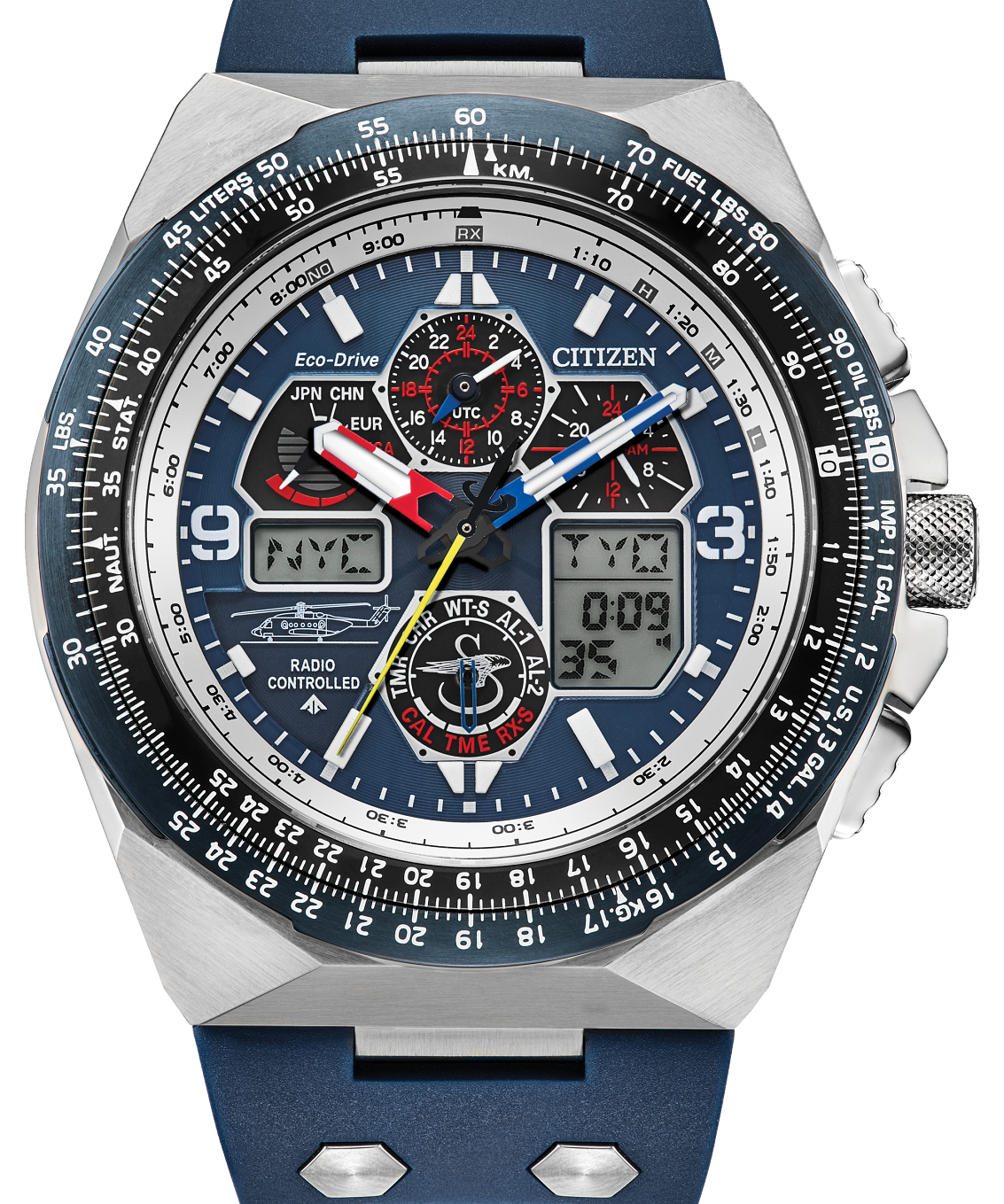 Citizen Topo Navigator II watch with a silver stainless steel case, a dark blue dial, a blue rubber strap, and a black bezel with white and red markings.