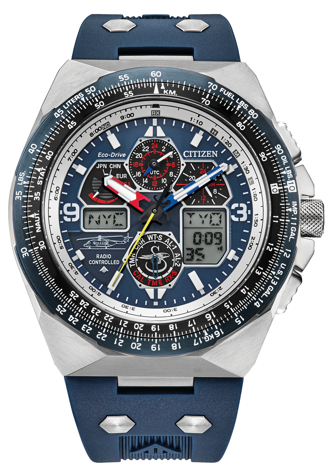 Citizen Topo Navigator II watch with a silver stainless steel case, a dark blue dial, a blue rubber strap, and a black bezel with white and red markings.