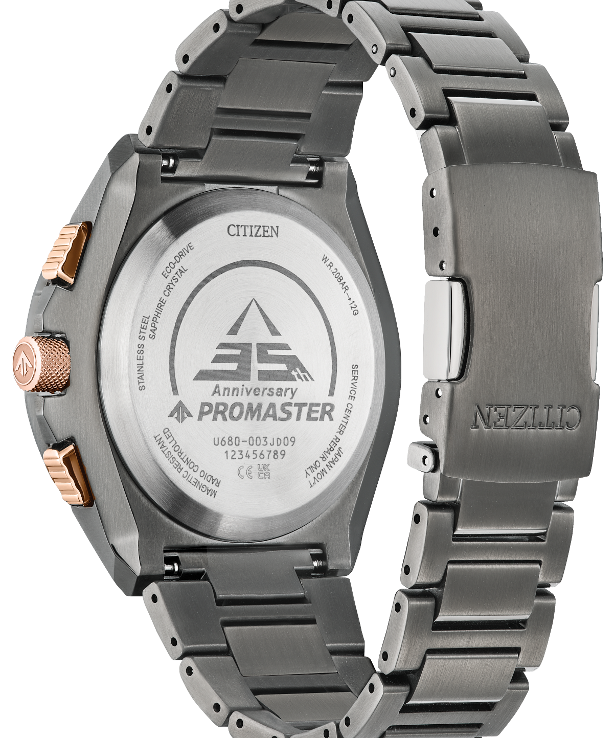 Citizen Promaster stainless steel watch showing the back of the case and metal link bracelet, with rose gold pushers and crown.