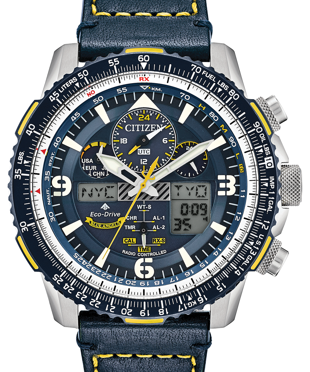 A Citizen chronograph watch with a dark blue leather strap, silver stainless steel case, and a dark blue dial featuring yellow stitching and white markings.
