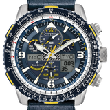 A Citizen chronograph watch with a dark blue leather strap, silver stainless steel case, and a dark blue dial featuring yellow stitching and white markings.
