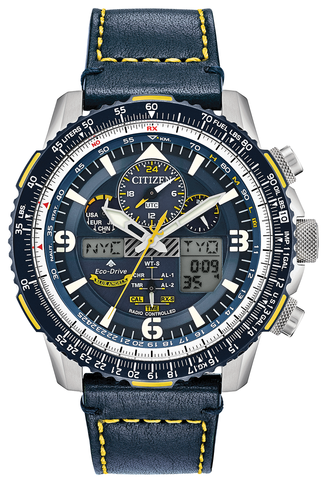 A Citizen chronograph watch with a dark blue leather strap, silver stainless steel case, and a dark blue dial featuring yellow stitching and white markings.