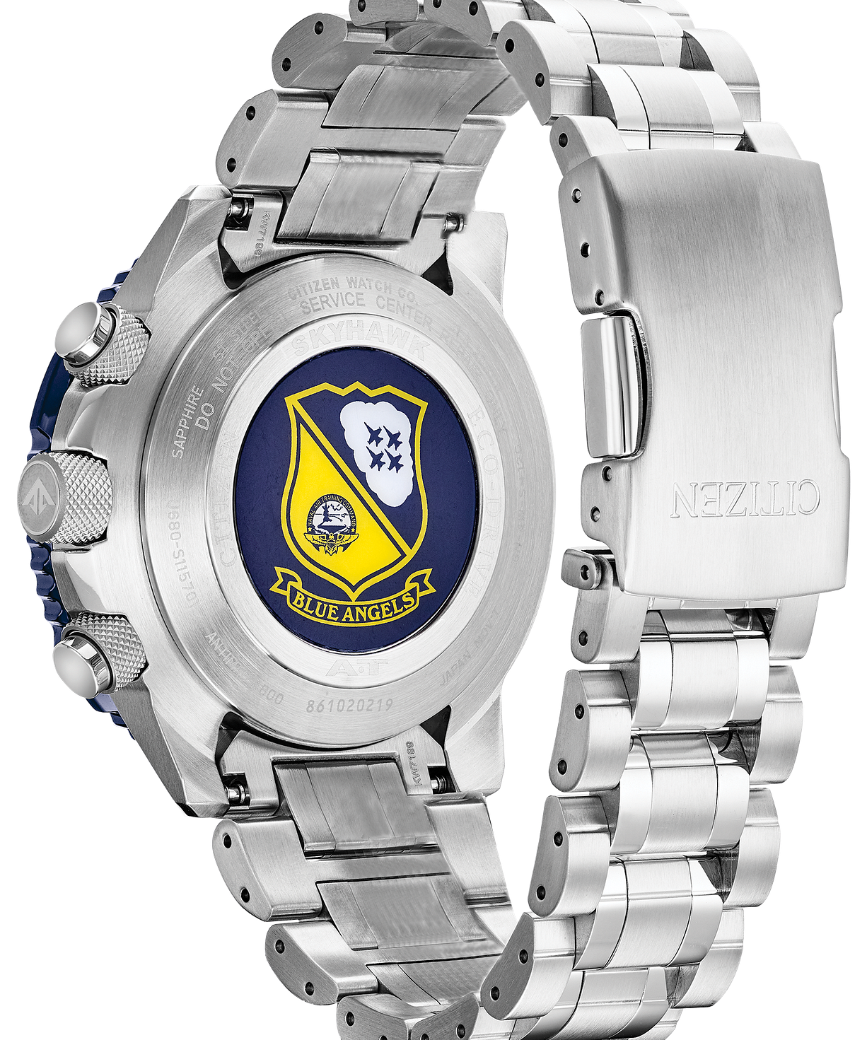 Silver stainless steel watch with a metal link bracelet, shown from the back. The watch features a prominent blue and yellow New England Blue Angels shield emblem on the case back, with the brand name 'NEZILIO' engraved on the clasp.