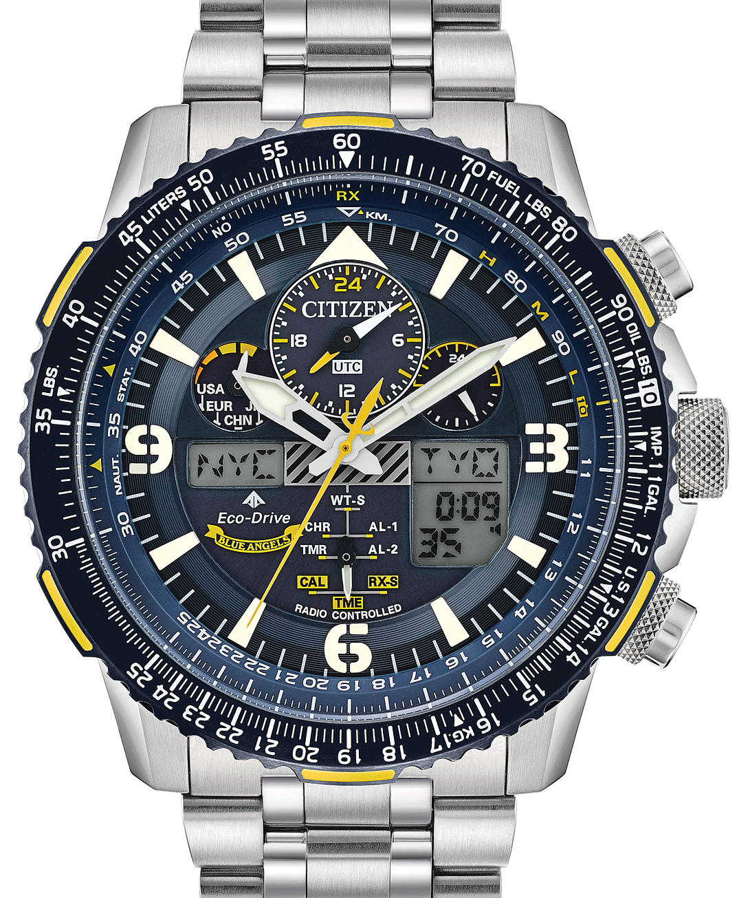 A Citizen stainless steel watch with a blue dial, black bezel, yellow accents, and a matching steel link bracelet, shown on a plain white background.
