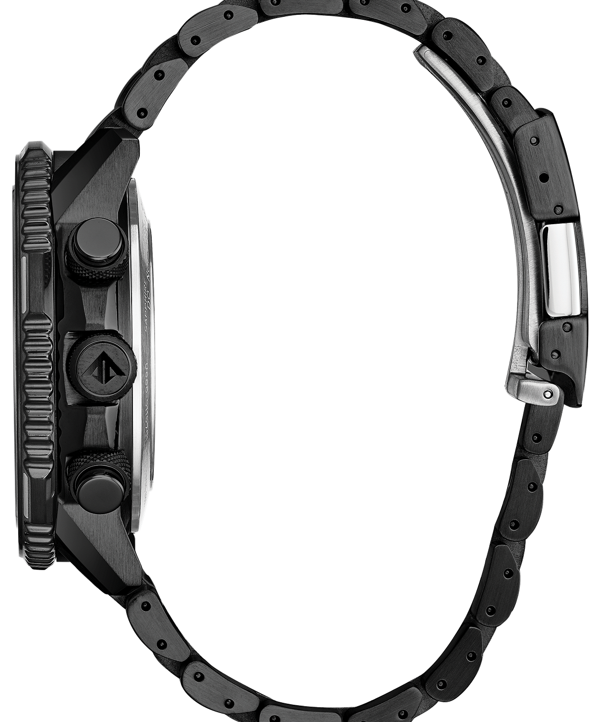 A close-up side profile of a rugged black watch with a multi-link metal bracelet, featuring a textured bezel, dual crown buttons, and a silver-toned clasp on a white background.