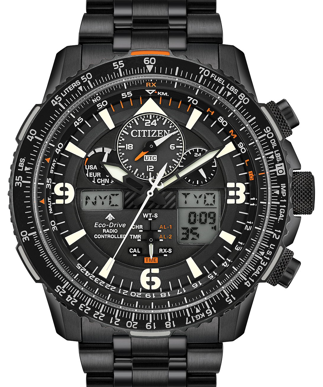 Citizen Eco-Drive Maglite watch with a black metal link bracelet, black case, and a detailed black dial featuring orange accents, white hour markers, and digital sub-dials.
