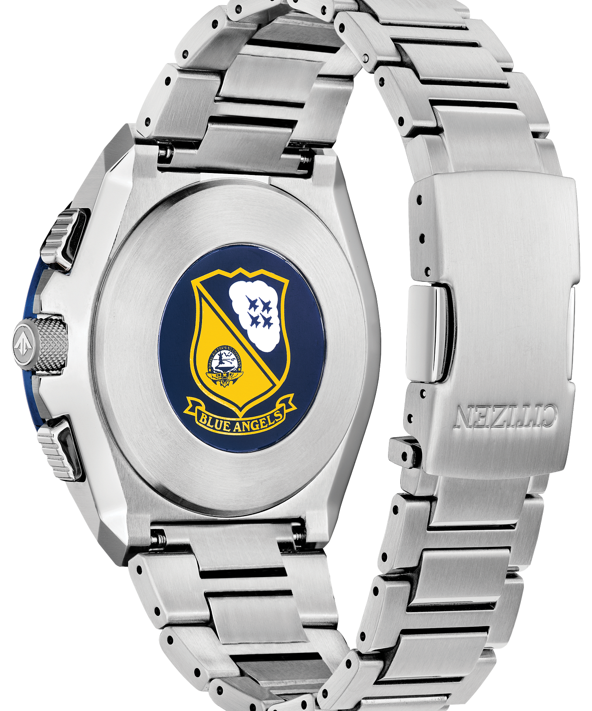 Silver stainless steel watch with a blue, yellow, and white Blue Angels crest on the back of the case, shown with its metal link band on a white background.