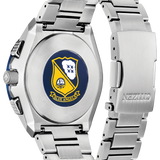 Silver stainless steel watch with a blue, yellow, and white Blue Angels crest on the back of the case, shown with its metal link band on a white background.
