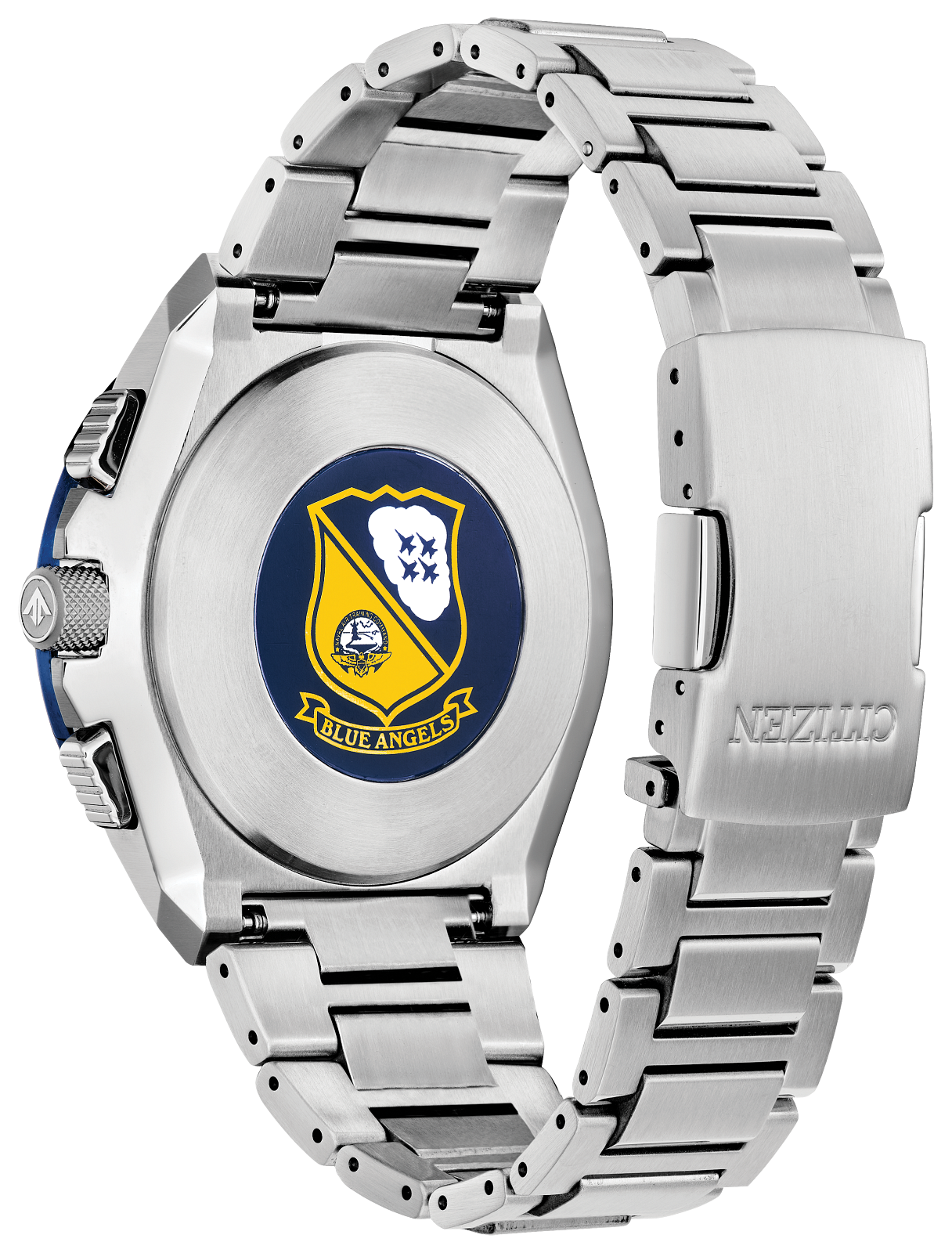 Silver stainless steel watch with a blue, yellow, and white Blue Angels crest on the back of the case, shown with its metal link band on a white background.