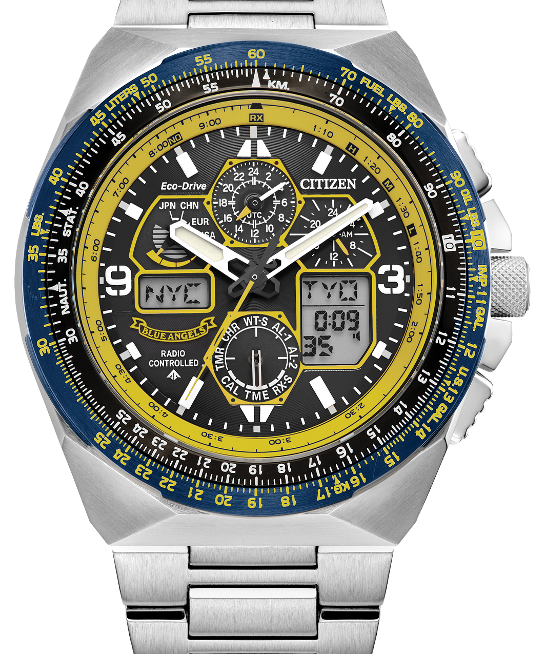 Citizen watch with silver metal strap and blue and yellow face on a white background