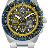 Citizen watch with silver metal strap and blue and yellow face on a white background