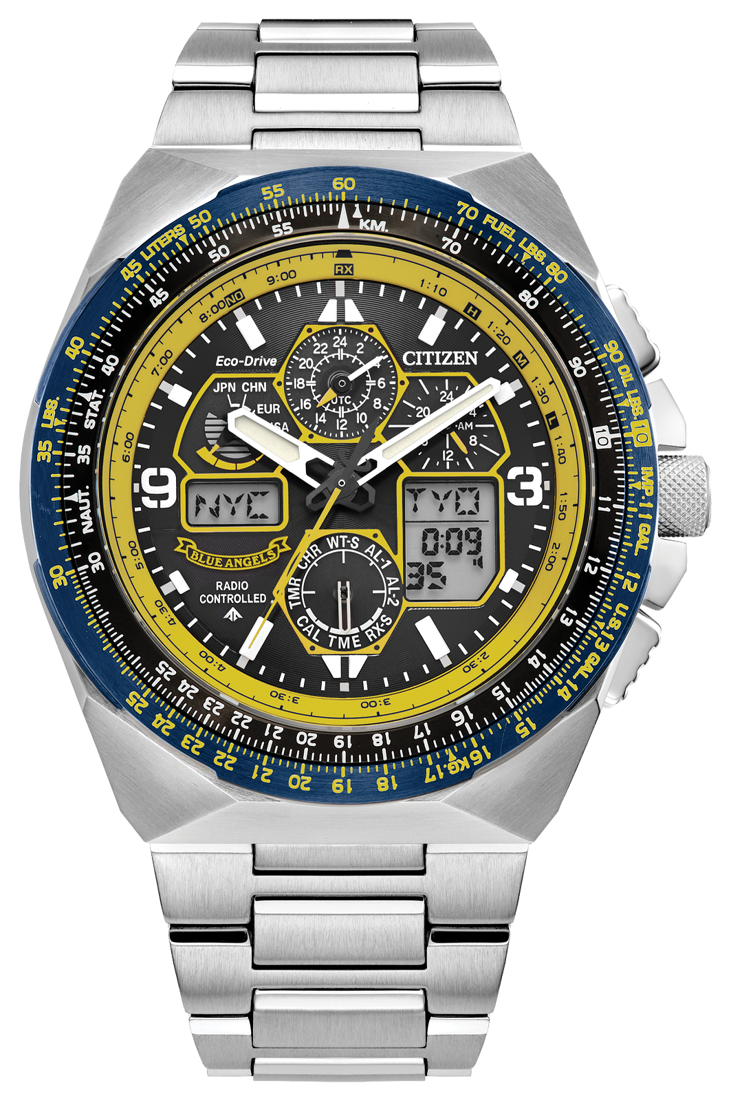 Citizen watch with silver metal strap and blue and yellow face on a white background