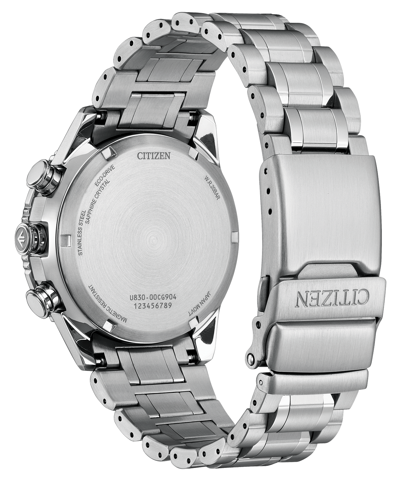 Silver Citizen watch with metal band on a white background