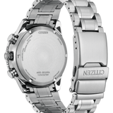 Silver Citizen watch with metal band on a white background