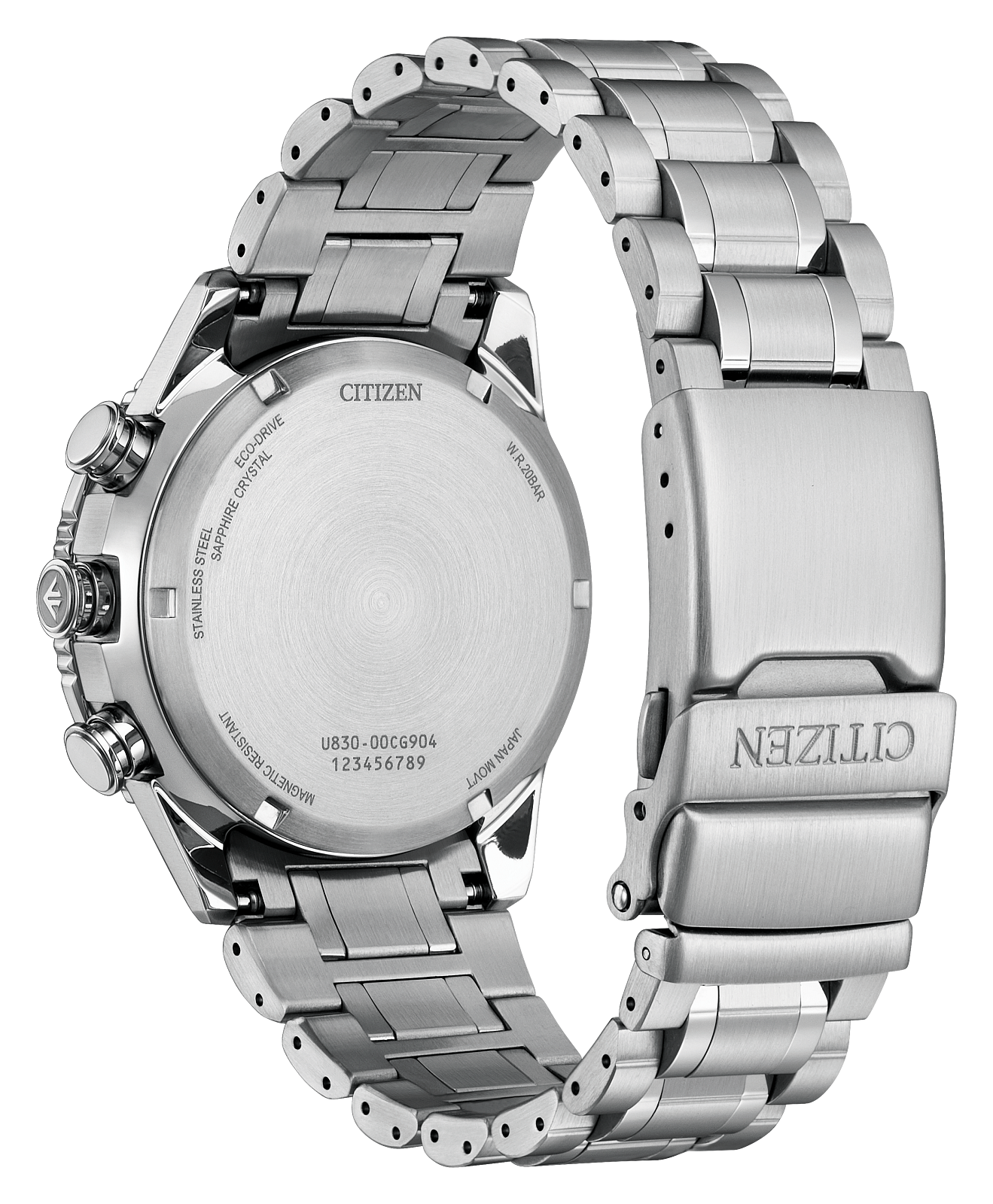 Silver Citizen watch with metal band on a white background