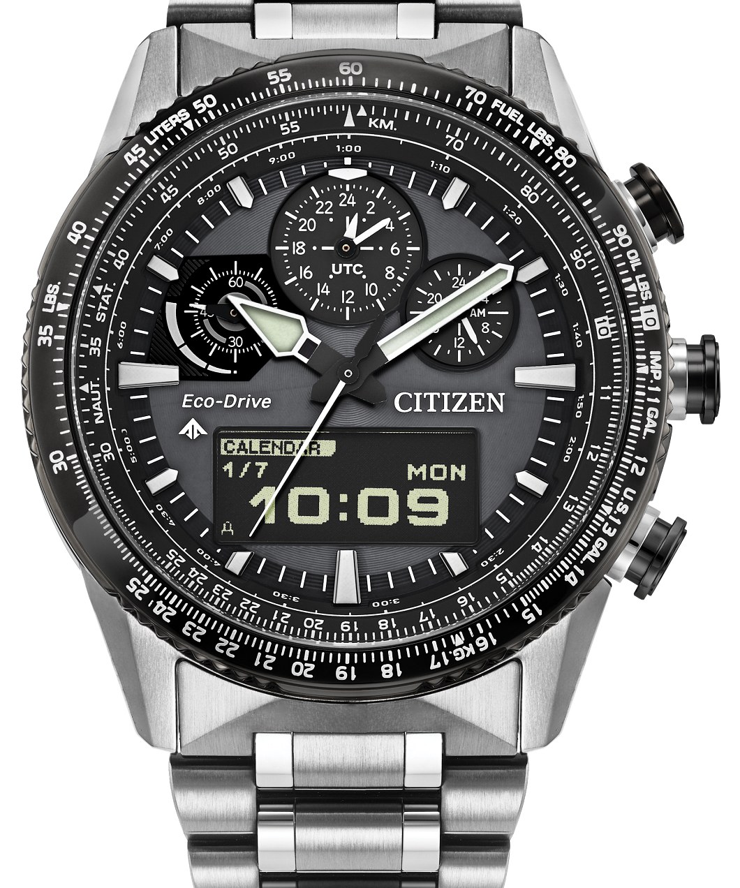 Citizen Eco-Drive G-Shock-style wristwatch with a large round stainless steel case, integrated metal link bracelet, black dial, and silver-tone bezel markings.