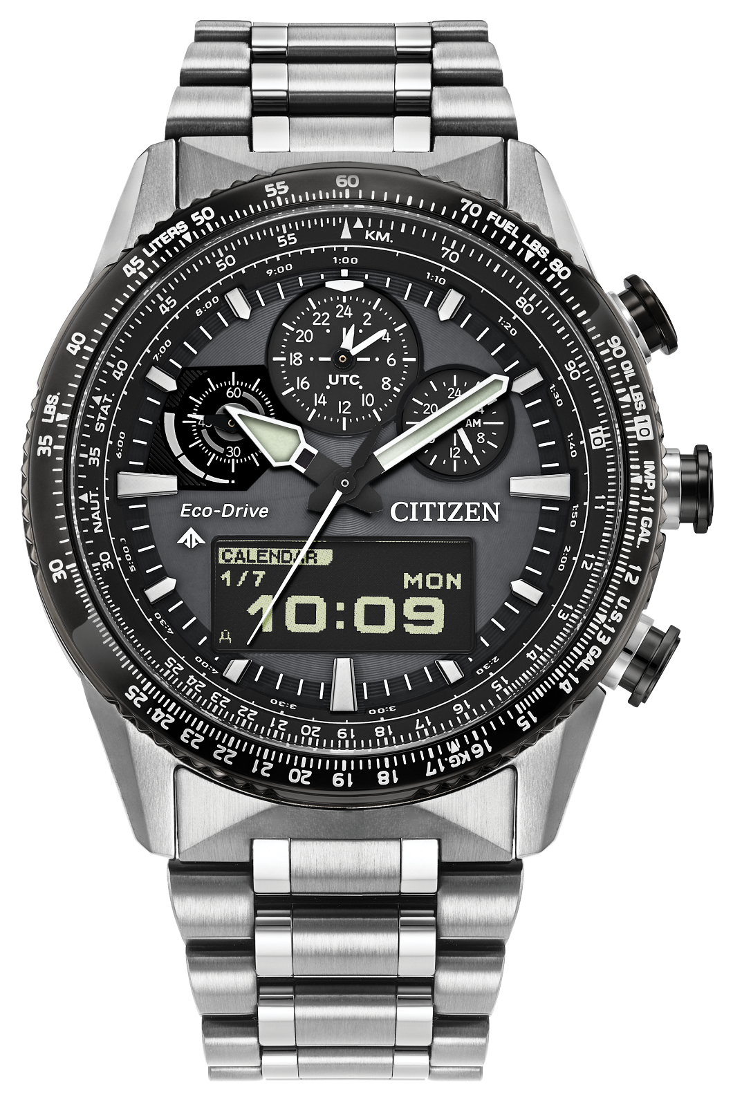Citizen Eco-Drive G-Shock-style wristwatch with a large round stainless steel case, integrated metal link bracelet, black dial, and silver-tone bezel markings.
