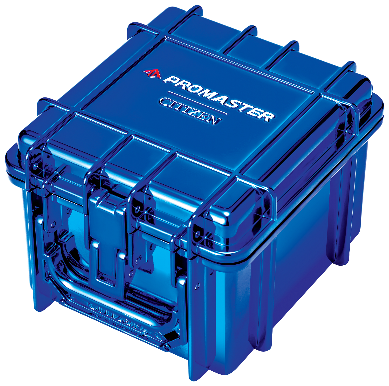 A metallic blue hard case with latches and the visible branding 'PROMASTER CITIZEN' on the lid, shown on a plain white background.