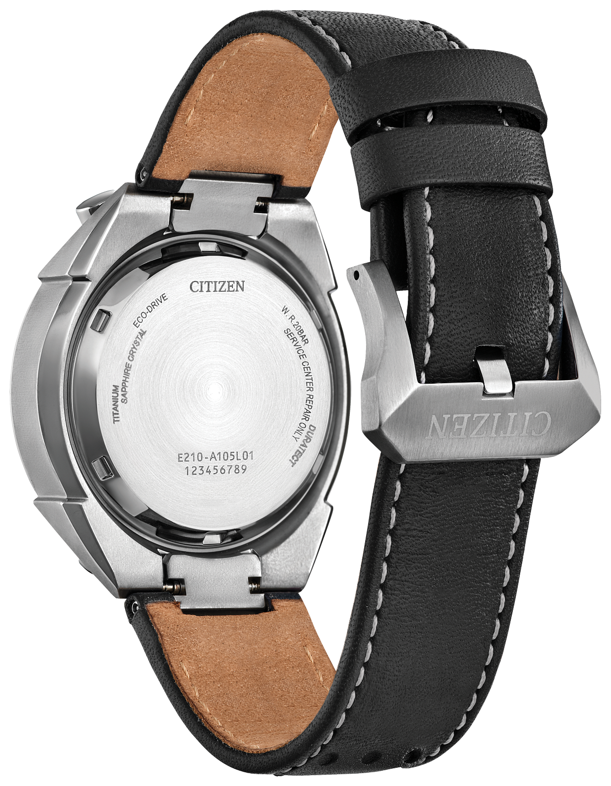 Citizen Eco-Drive watch shown from the back, featuring a brushed stainless steel case, transparent back cover, and a black leather strap with white contrast stitching and a tan interior.