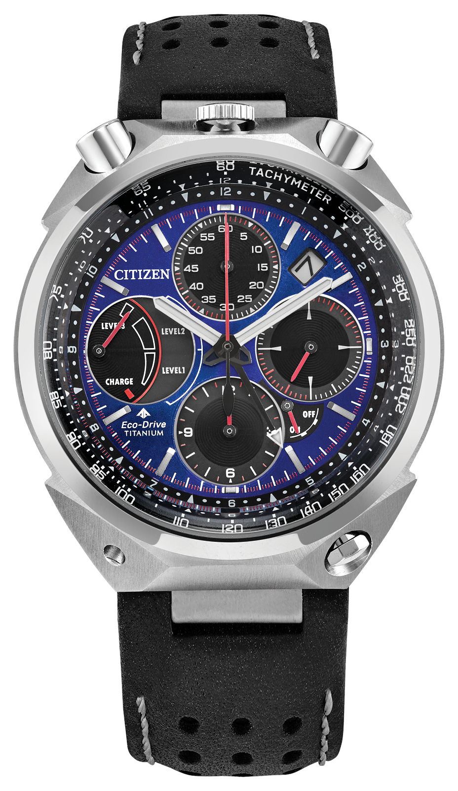 Citizen Eco-Drive Perpetual watch with a silver titanium case, blue and black dial, and a black perforated rubber strap.