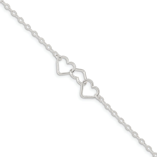 Sterling Silver 10inch Solid Polished Fancy Heart Link Anklet - Solomon Jewelers